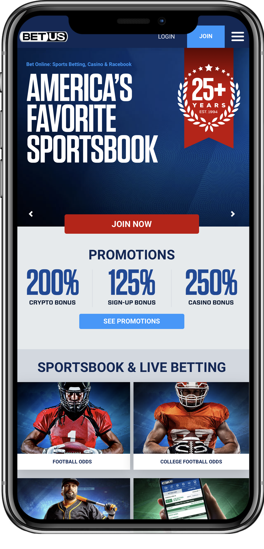 BetUS Mobile Sportsbook Homepage