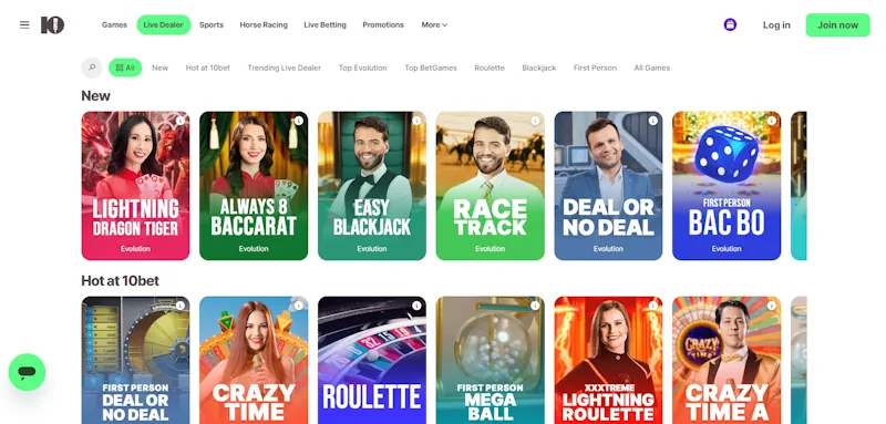10bet Casino Live screenshot