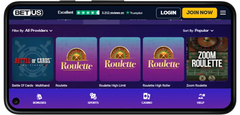 BetUs Casino Table screenshot