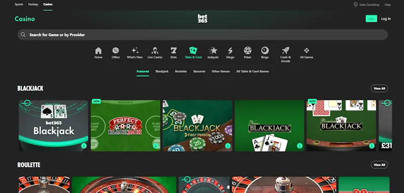 bet365 Table screenshot