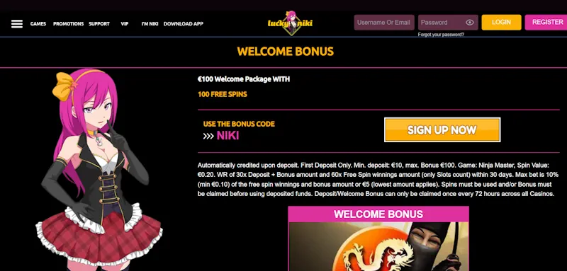 Lucky Niki casino Welcome Bonus screenshot
