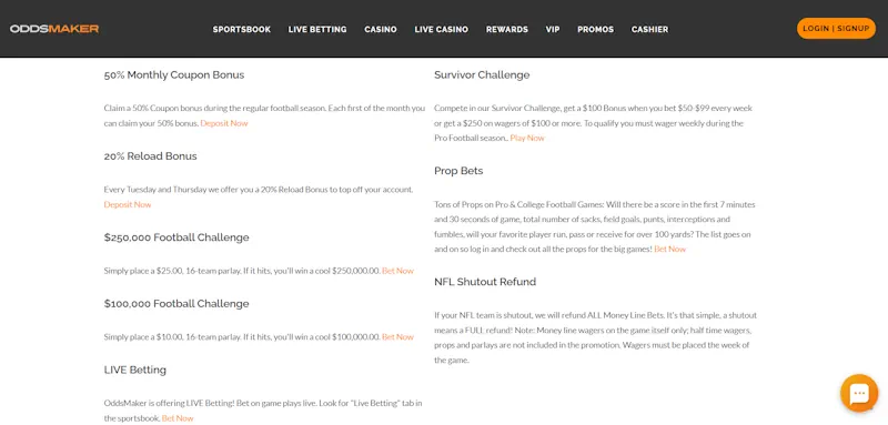 Oddsmaker Sports Ongoing Offers screenshot