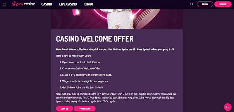 Pink Casino Welcome Bonus screenshot