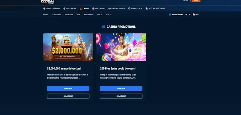 Pinnacle Casino Ongoing Offers screenshot