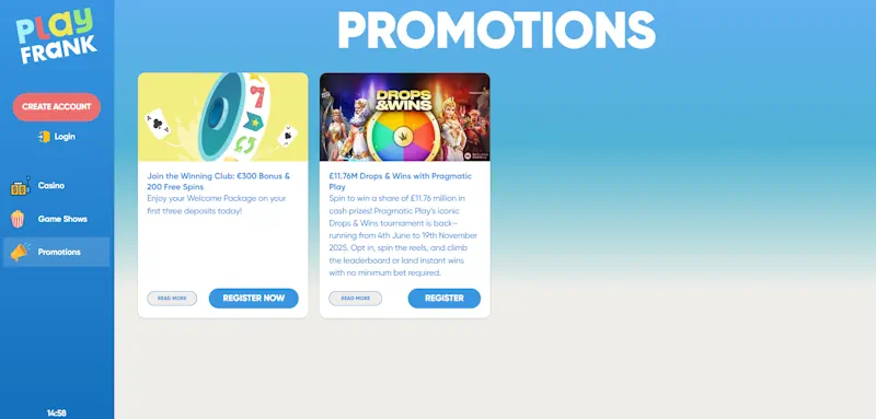 PlayFrank Casino Ongoing Offers screenshot