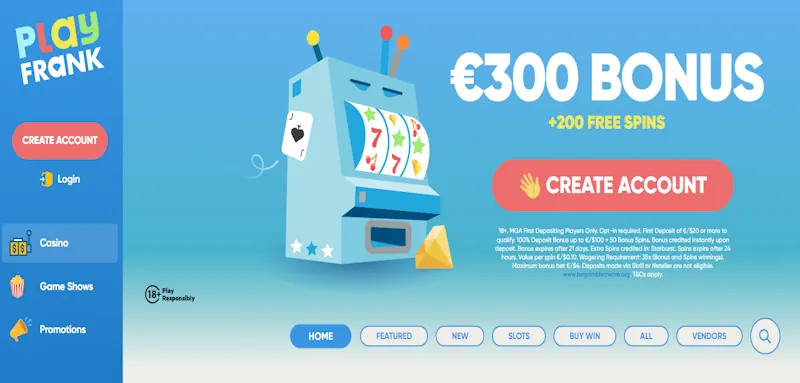 PlayFrank Casino Welcome Bonus screenshot