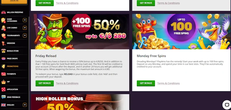 PlayAmo Casino Ongoing Offers screenshot