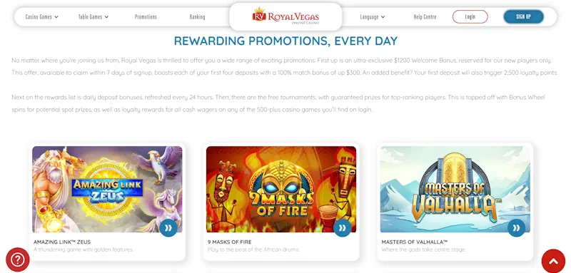 Royal Vegas Casino Ongoing Offers screenshot