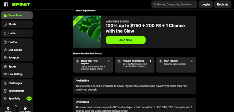 Spinit Casino Welcome Bonus screenshot