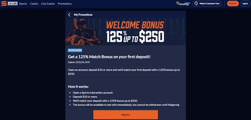 Sports Interaction Welcome Bonus screenshot