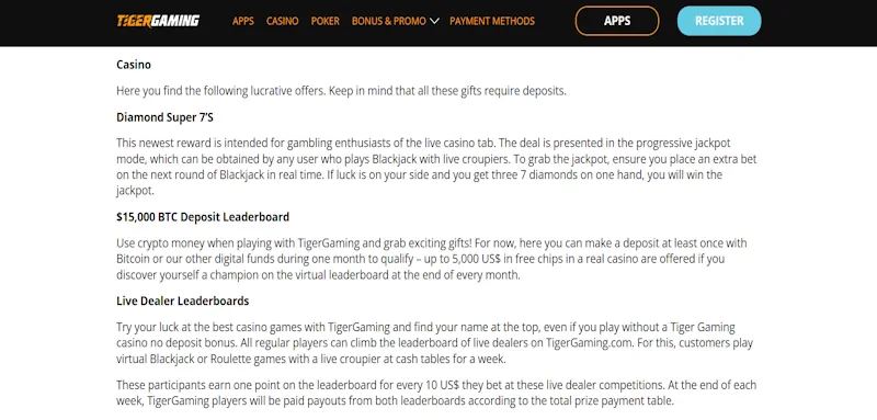 TigerGaming Casino Ongoing Offers screenshot