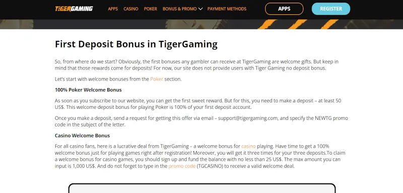TigerGaming Casino Welcome Bonus screenshot