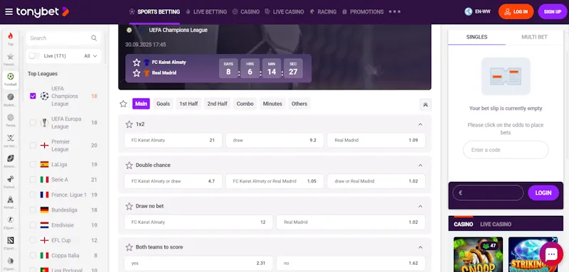 TonyBet Casino Features screenshot