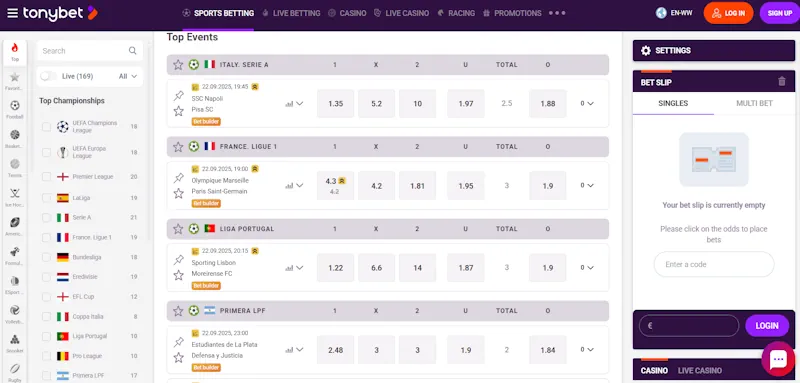 TonyBet Casino Sports screenshot