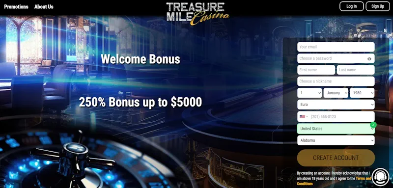 Treasure Mile Casino Welcome Bonus screenshot
