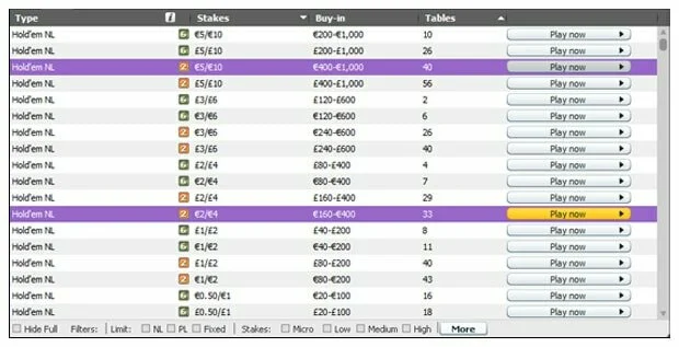 Shot of an Online Poker Lobby